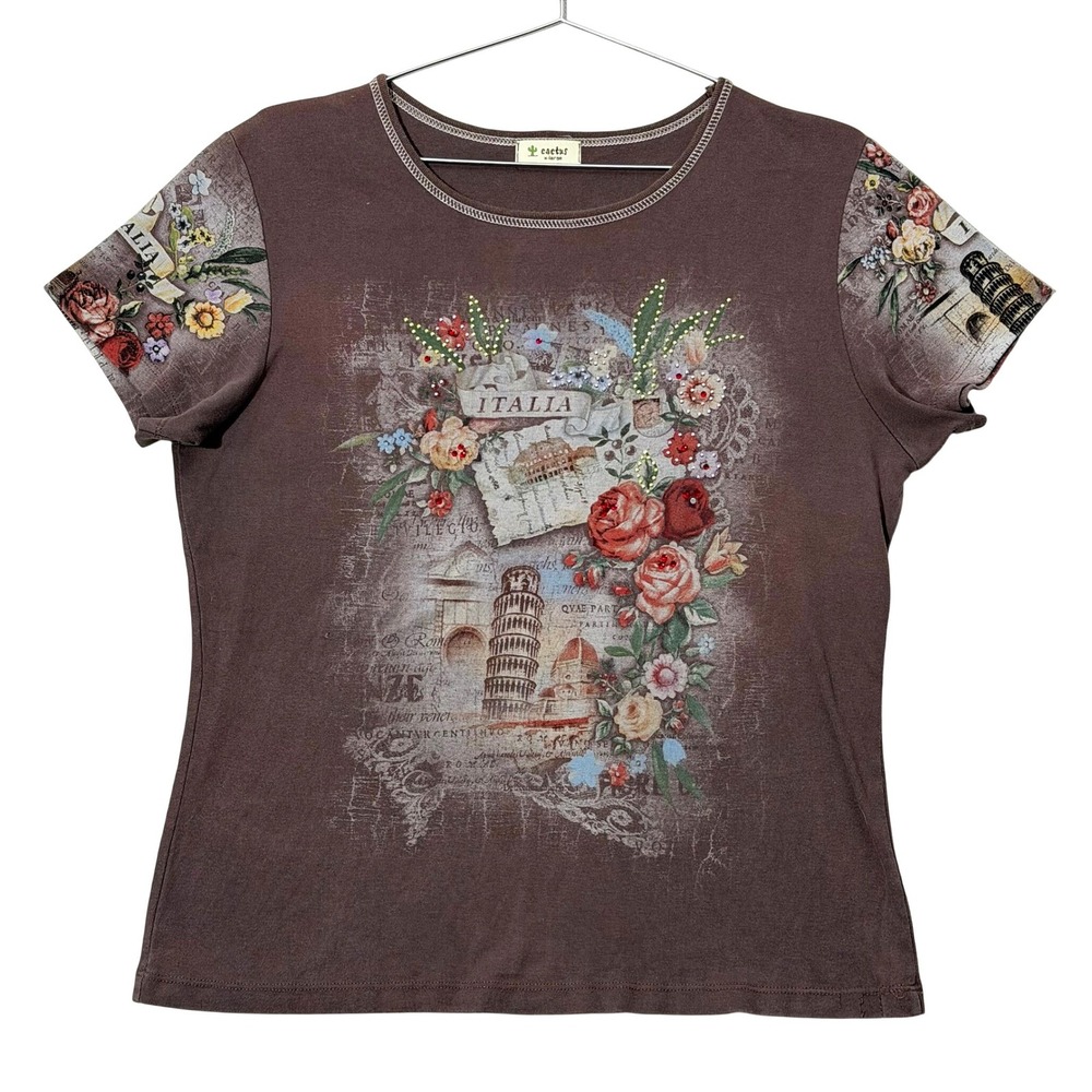 Y2K Cactus brand Italia Graphic baby tee XL Rhinestone Floral All Over Print top